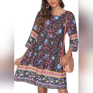 Hotouch Blue Lightweight Summer Floral Boho A-line Dress Relaxed Fit Size Medium